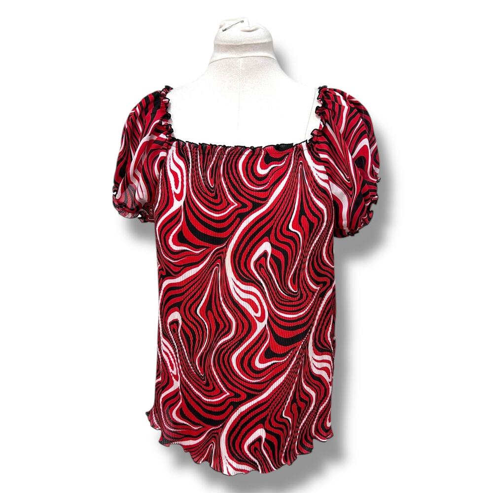 Blue Diamond Women’s Short Sleeve Off Shoulder Blouse, Red Marble, size L